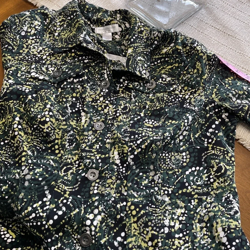 Christoper & Banks Button Front Jacket Green Snd Black Abstract‎ Print XL Petite